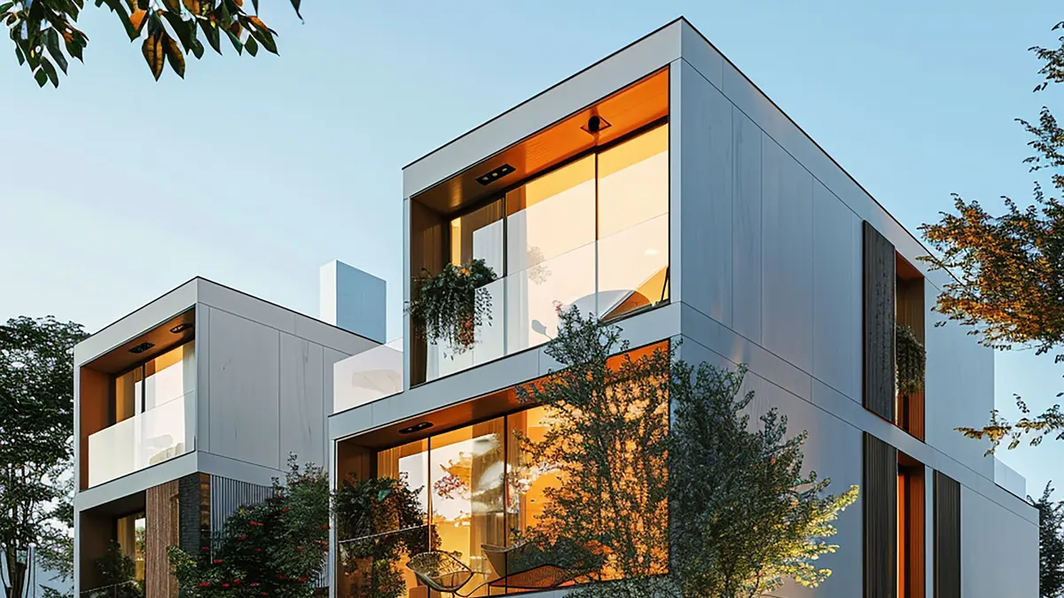 Modern home with large windows representing a first home purchase